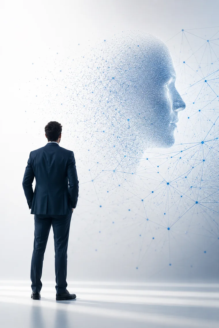 Líder de espaldas frente a un rostro formado por una red de nodos de inteligencia artificial