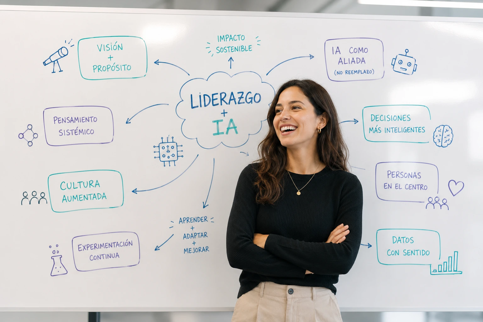 Participante de workshop de liderazgo frente a pizarra con frameworks